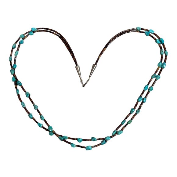 Vintage Navajo Double Strand Turquoise Chip Nugget Heishi Bead Tie Necklace 27" - Picture 3 of 7
